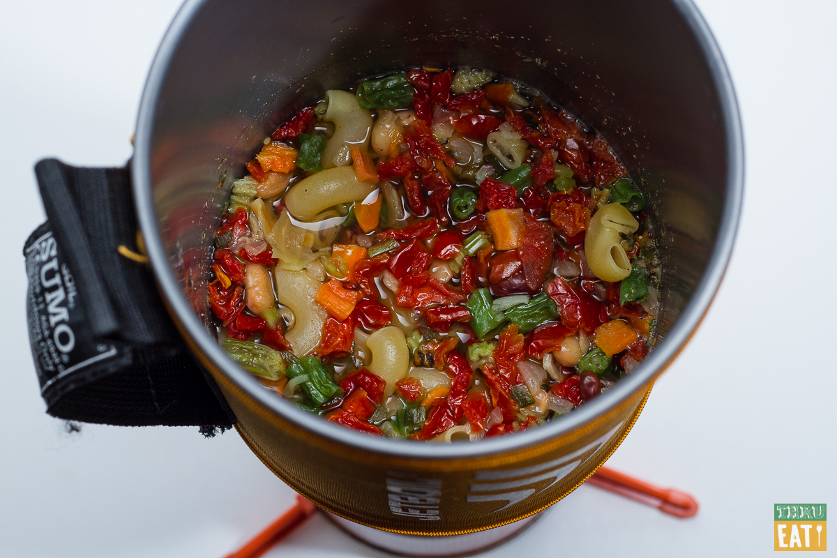 cooked backpacking minestrone soup in a jetboil stove