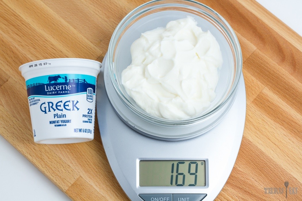 Dehydrate only non-fat yogurts. Avoid full and low-fat yogurt 169 grams of non-fat Greek yogurt on a scale