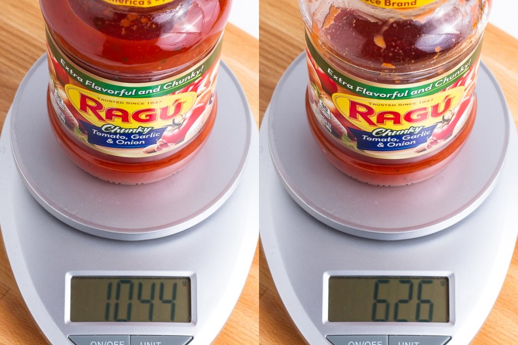 jar of Ragu pasta sauce on a scale