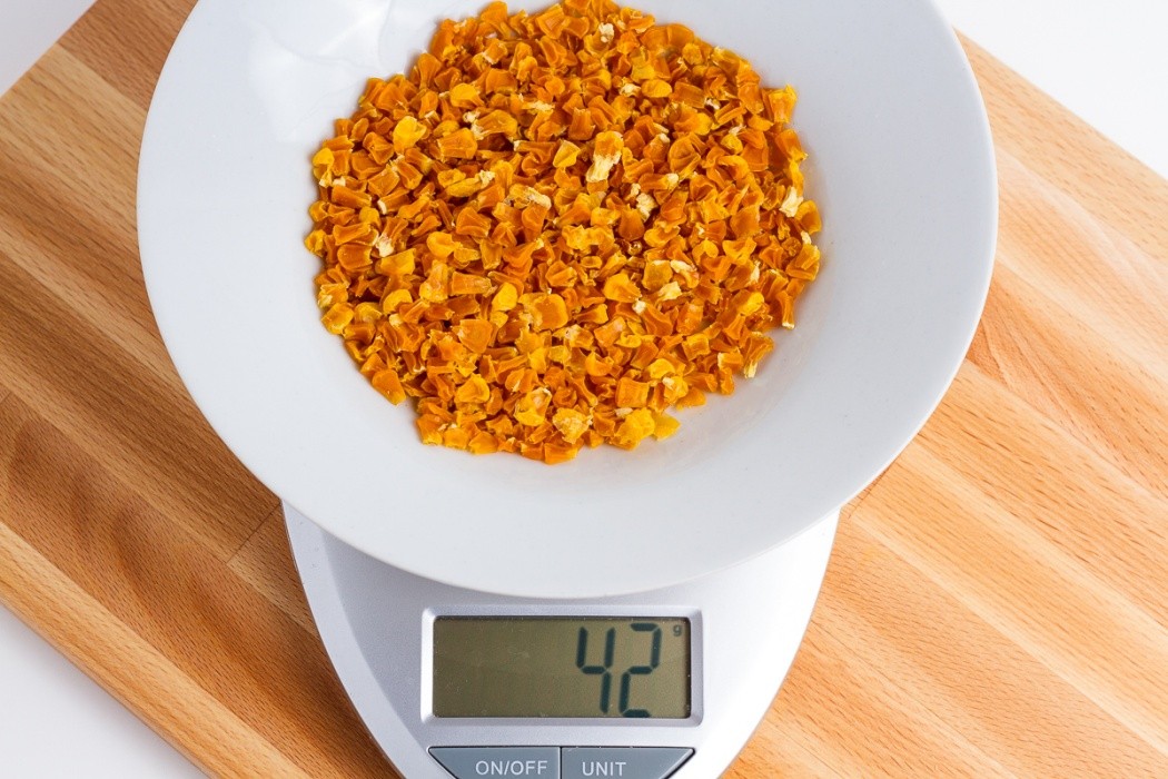 Completely dehydrated corn should be very hard and not at all soft 42 grams of dehydrated canned yellow corn