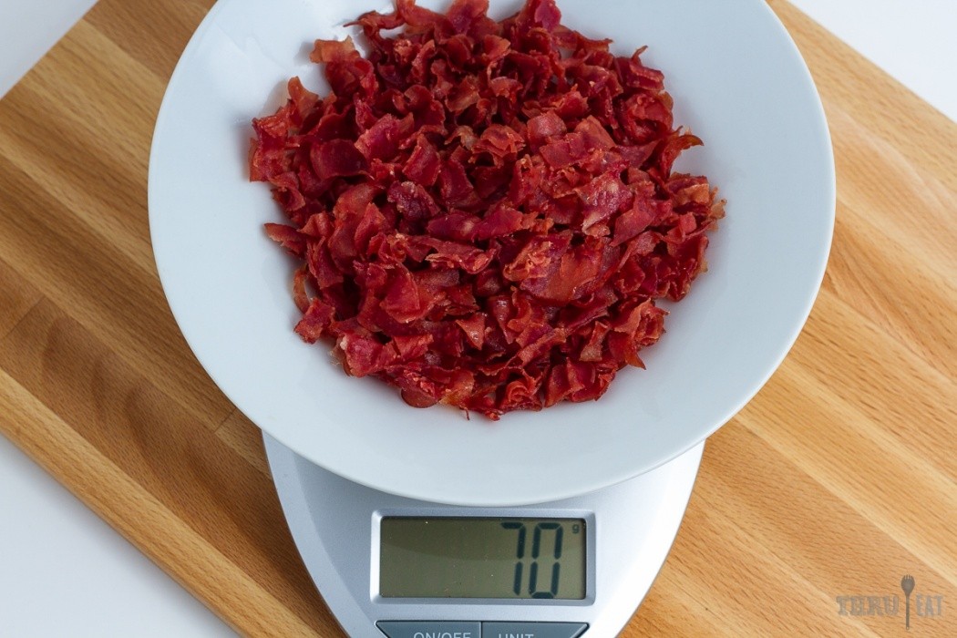 Deli ham dehydrates very quickly for short notice trips 70 grams of dehydrated deli ham on a scale