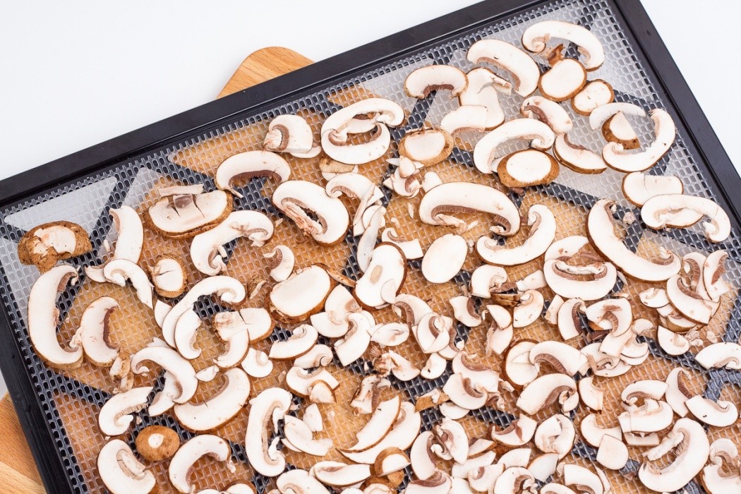 Lay out the sliced baby bella mushrooms on the dehydrator tray evenly sliced baby bella mushrooms on a dehydrator tray