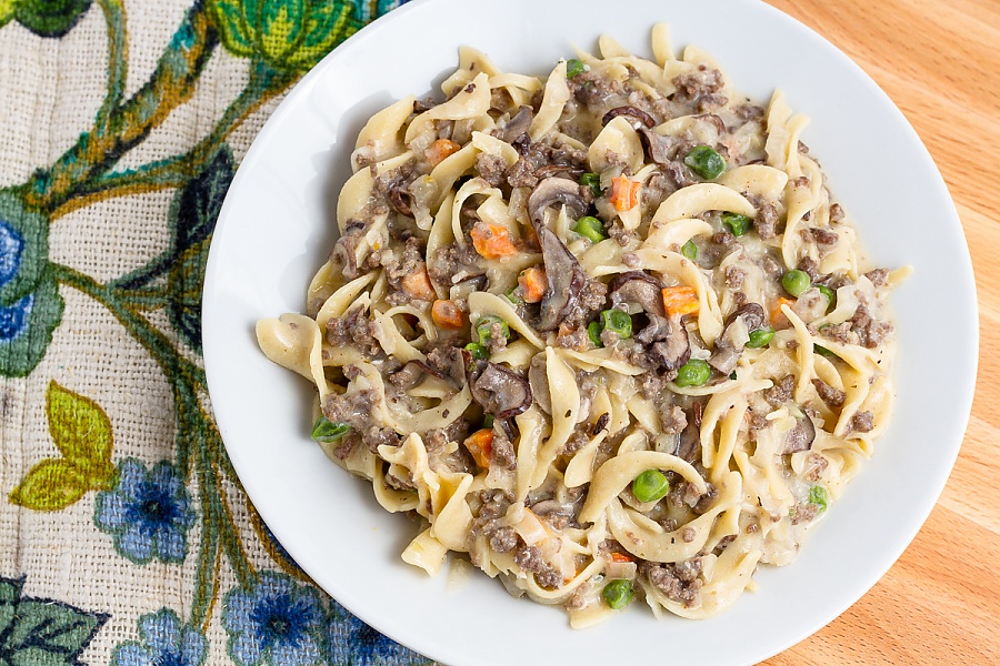 Homemade dehydrated stroganoff beats the heck out of the bagged stuff plated hamburger stroganoff with peas, carrots, and mushrooms
