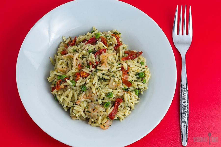 Crank up the backpacking romance with pesto shrimp orzo pesto shrimp orzo with peas and sun dried tomatoes