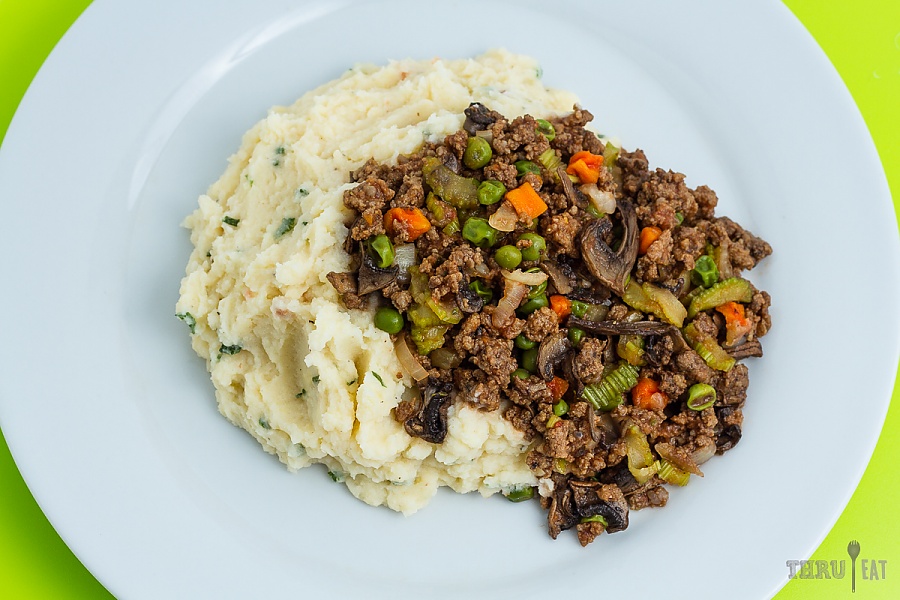 It tastes much better than it looks! cottage pie: rehydrated ground beef on top of instant mashed potatoes