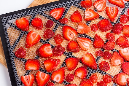 sliced strawberries on a dehydrator tray