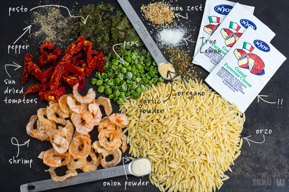 ingredients for dehydrated pesto shrimp orzo